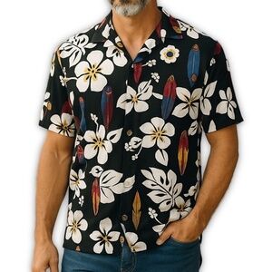 Vintage Hawaiian Surfboard Floral Short Sleeve Shirt Blue Black Size L